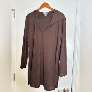 Brown Semi-Sheer Ribbed Cover Up Tunic Hooded Swim/Beach Size L coaster girl